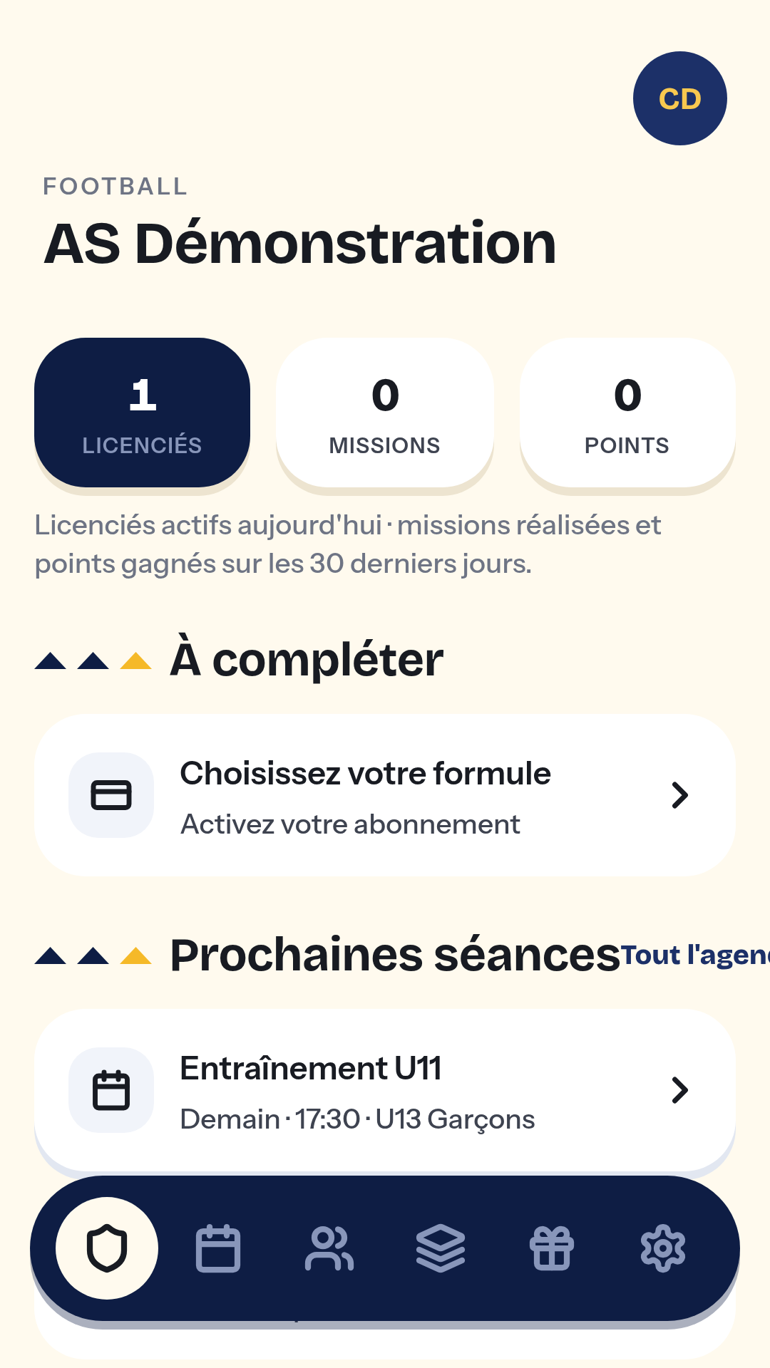 Accueil du club dans Kiéla : licenciés, missions et points d'un coup d'œil