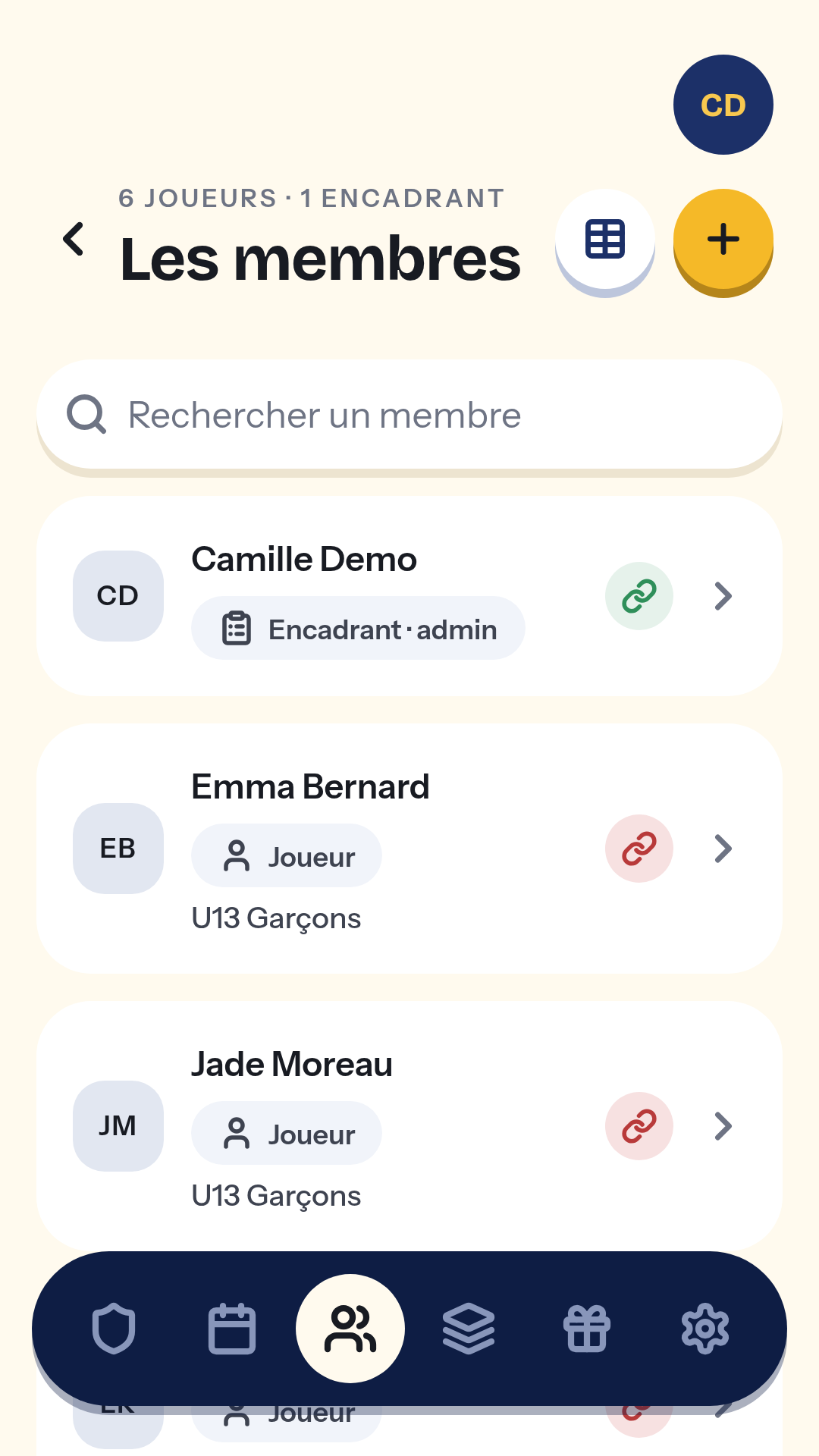 Le registre des membres du club